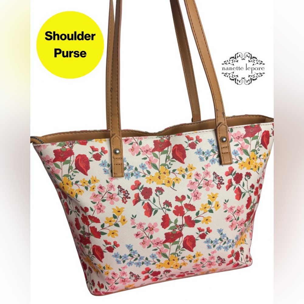 NANETTE LEPORE 💐 Multicolor Floral Tote, Tan Straps - Shoulder Bag